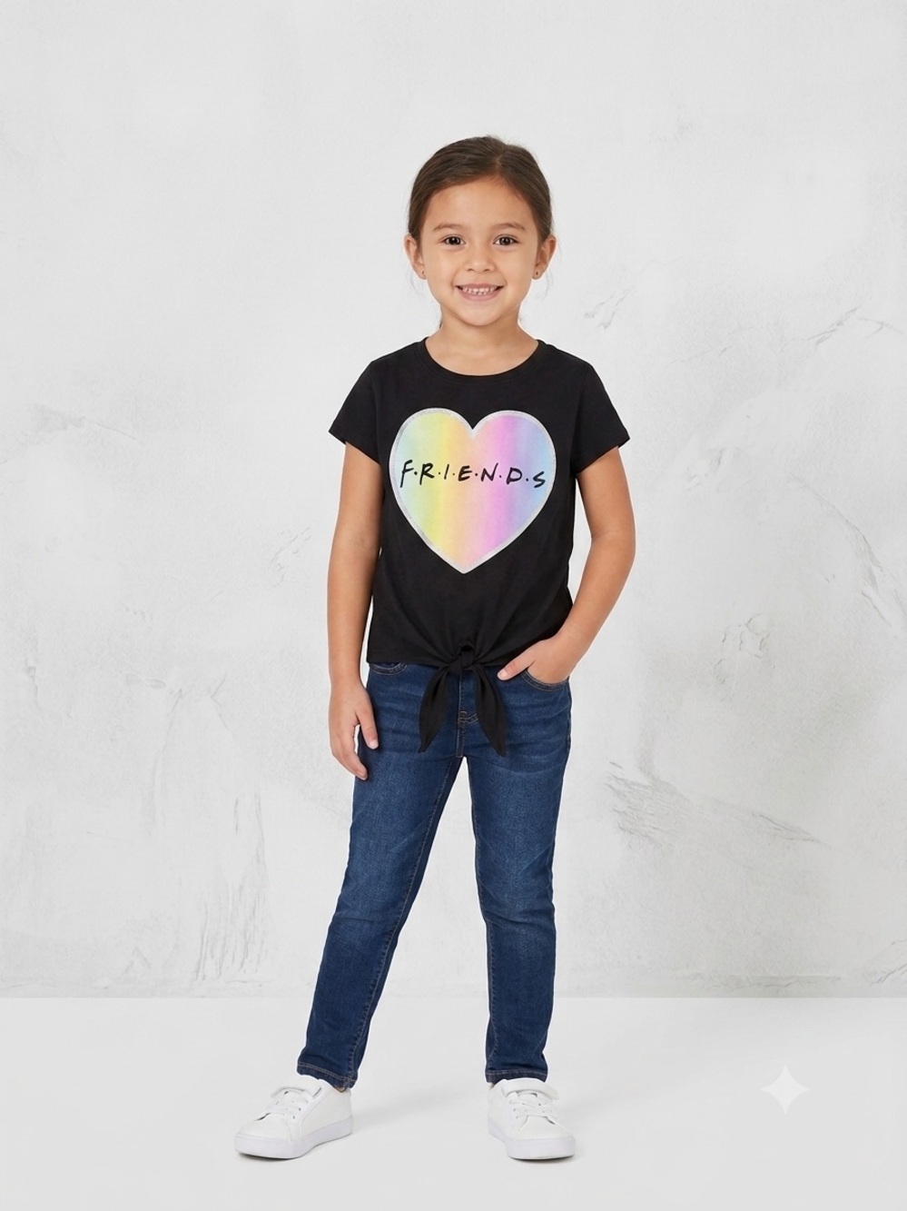 Friends Girls Rainbow Heart Tie Front Tee Shirt Black Size Large 10/12